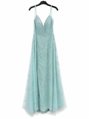 Catwalk 50180 Green Beaded V-Neck Spaghetti Strap Evening Gown